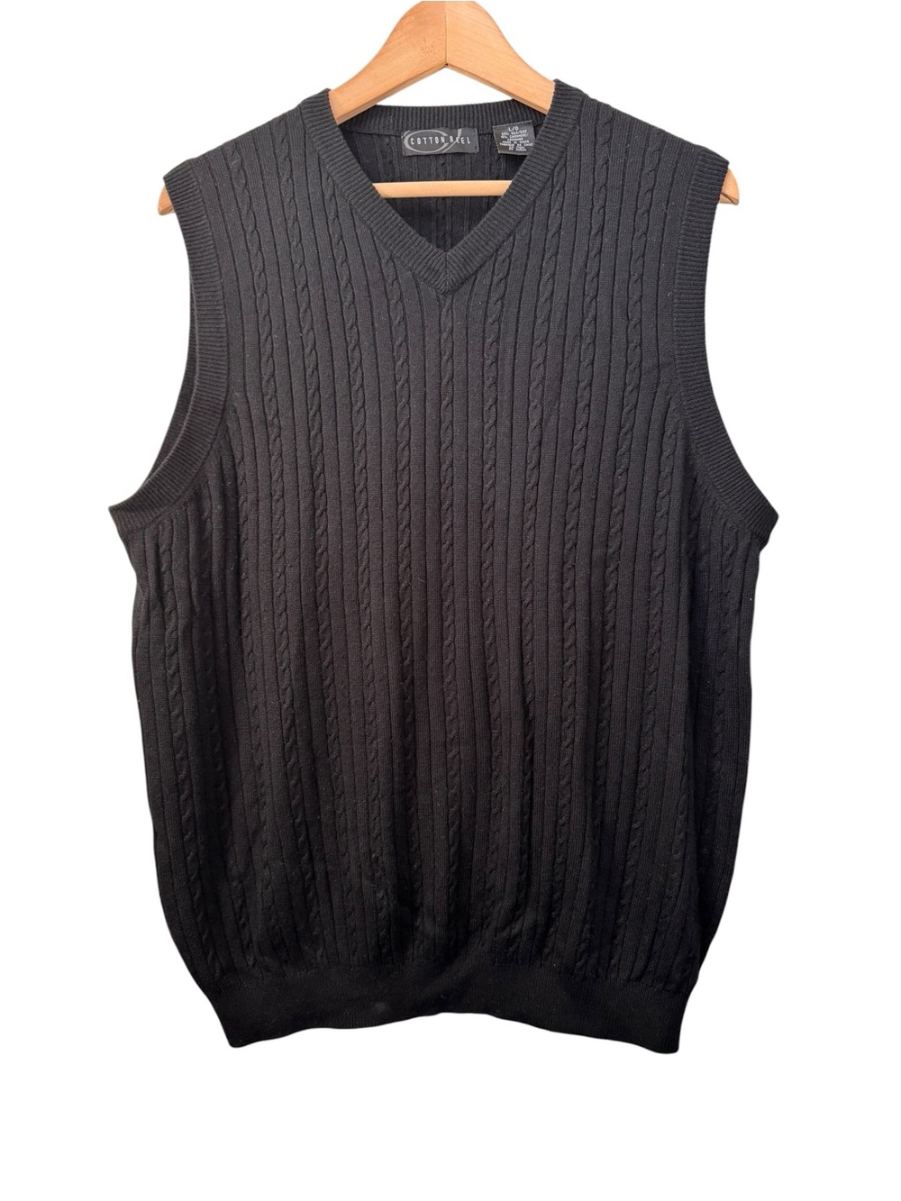 VTG Cotton Reel Mens Large Silk Cashmere Cable Knit Black Sweater Vest V-Neck